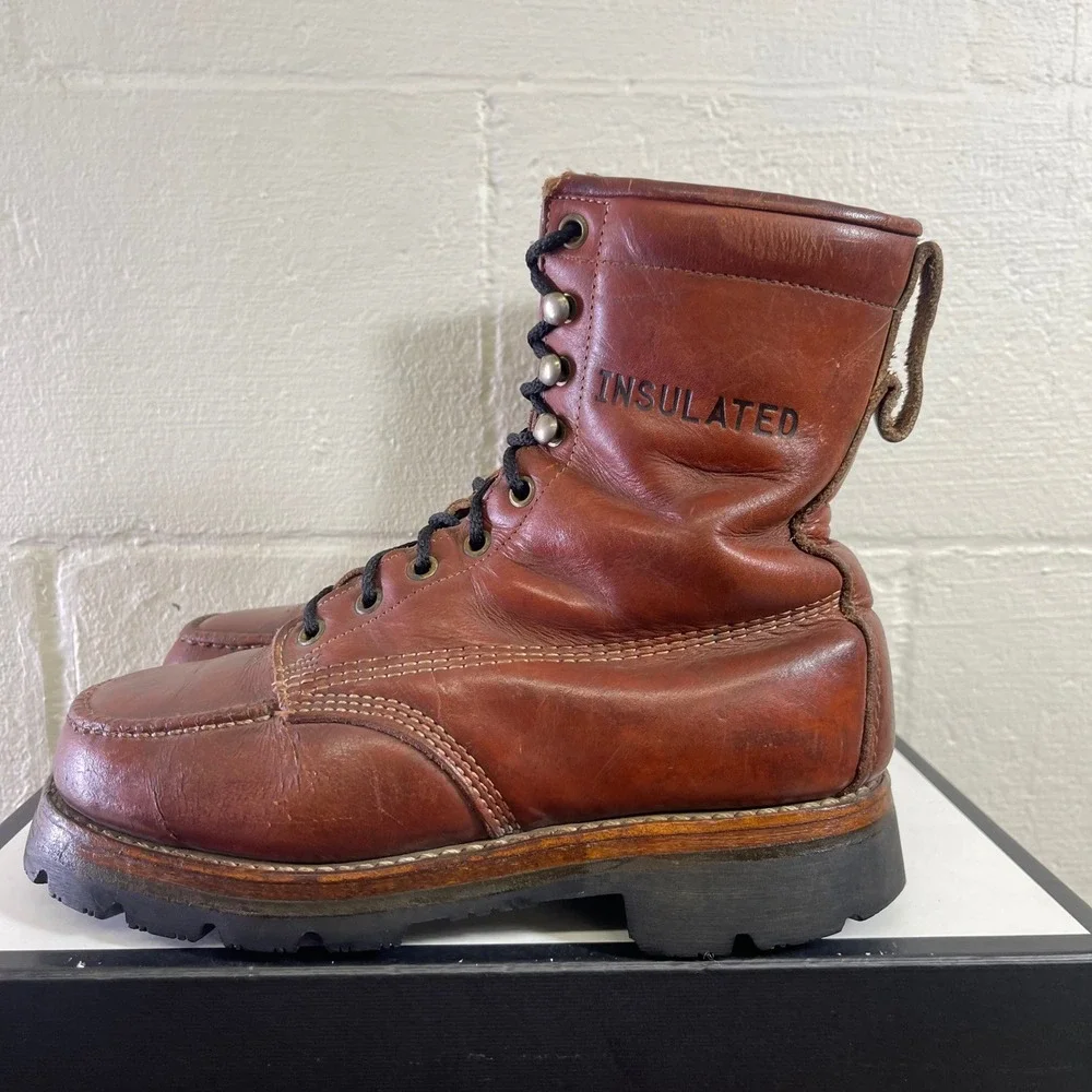 Vintage Thom McAn Insulated Brown Leather Work Ankle Boots Men's Size 7.5 D
